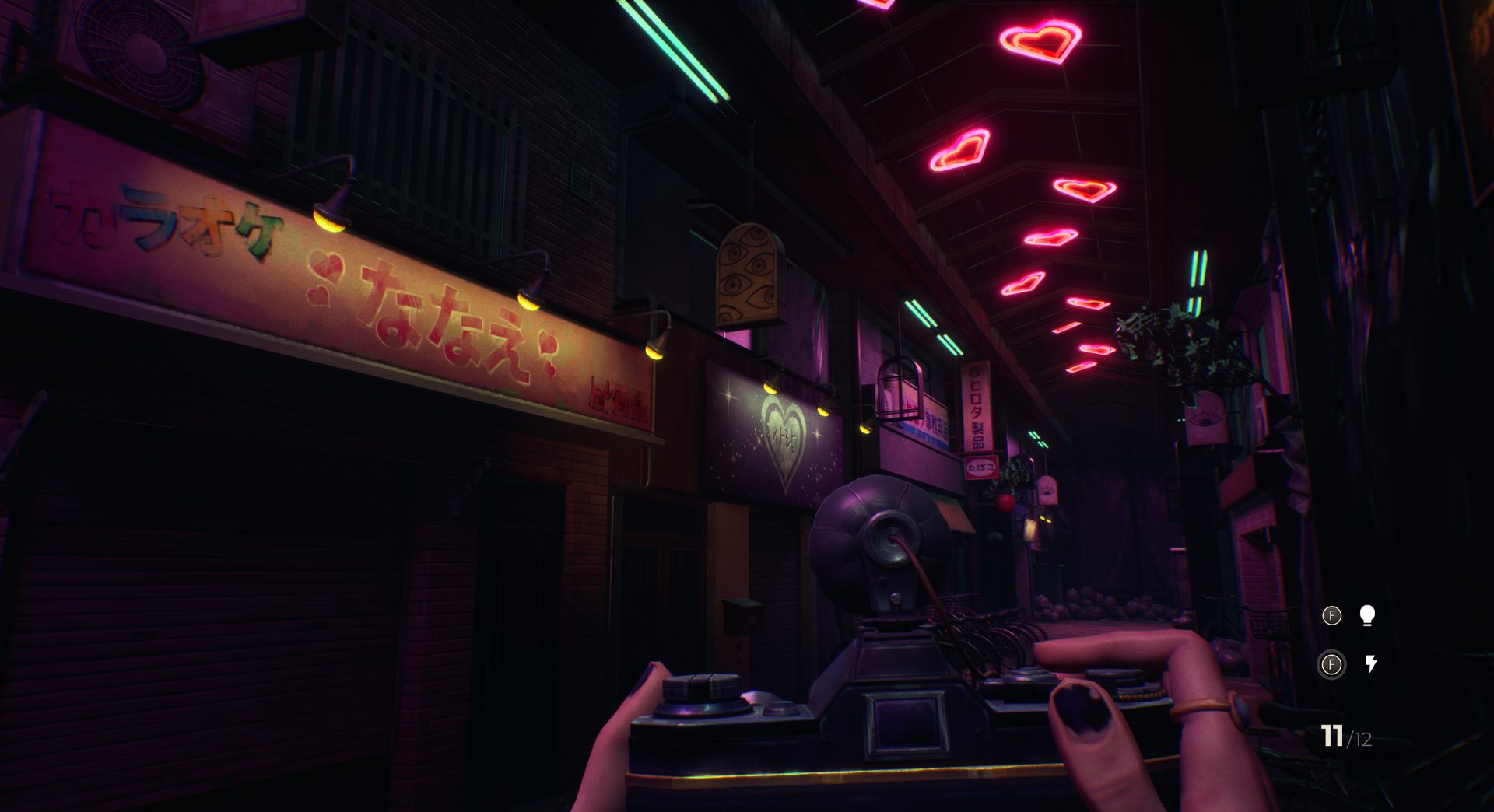 A neon-lit arcade alley with glowing pink hearts overhead